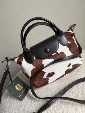 Brown and White Cowhide Mini Satchel Bag